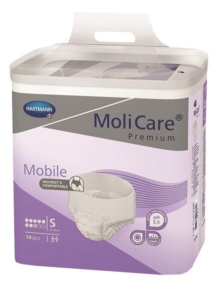 A package of Hartmann MoliCare Premium Mobile incontinence pads, size S, containing 14 pieces. The packaging is white and purple with a clear plastic top, showing a graphic of a beige incontinence pad.
