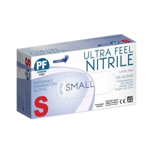 Box of Ultra Feel Nitrile disposable examination gloves on a white background